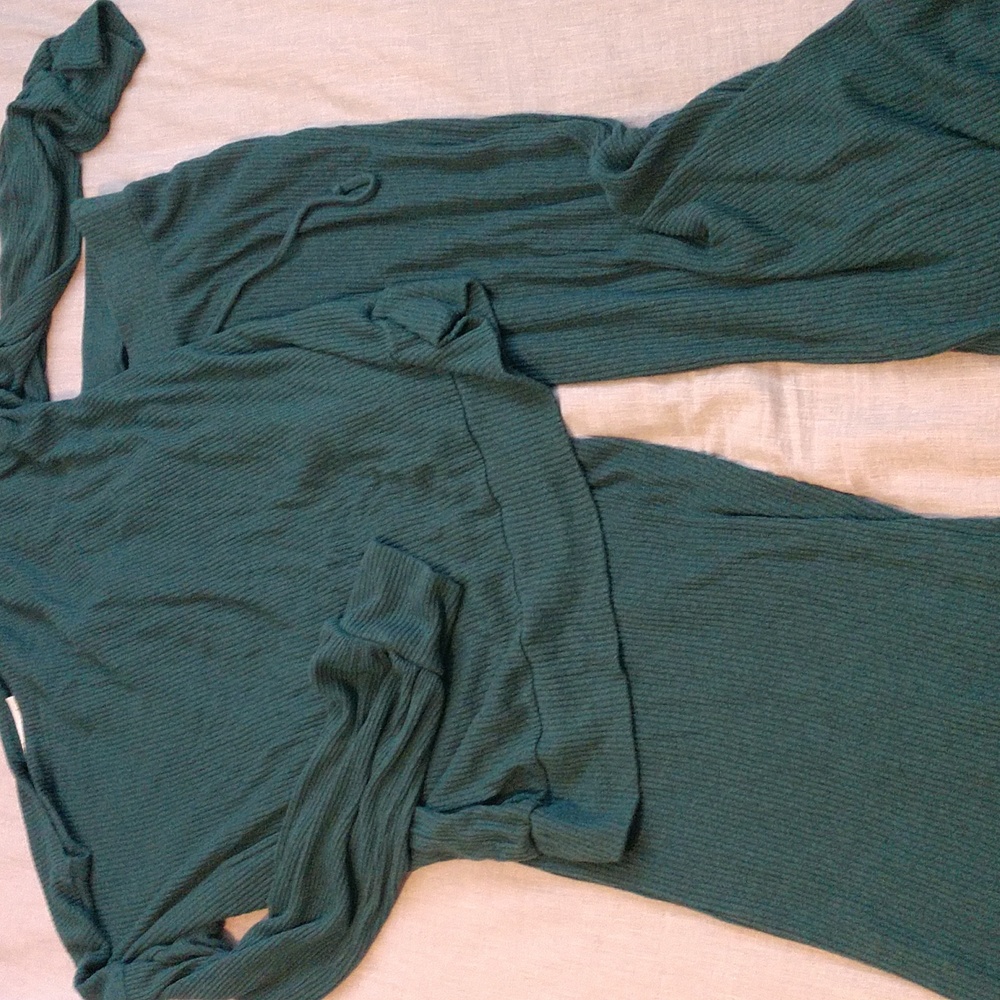 Ribbed top and pants set, dark teal/green, both medium